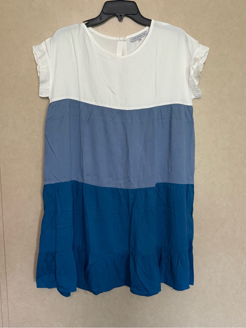 Colorblock Short Sleeve Tiered Dress - White & Blue